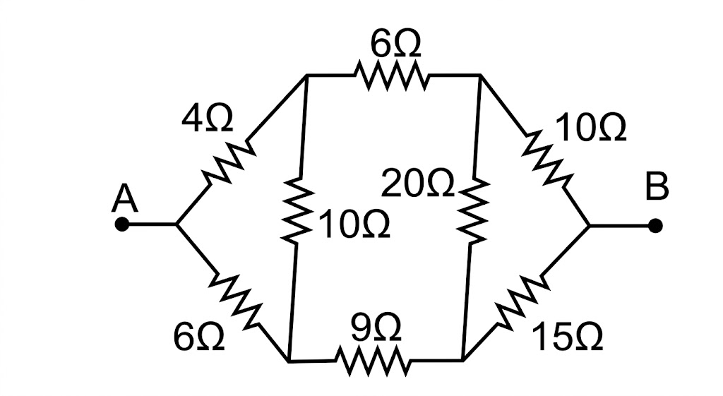 A bridge circuit diagram with input terminal A on the left and output terminal B on the right. The circuit splits at A to a top node and a bottom node. A 6 Ω resistor connects A to the top node, and a 20 Ω resistor connects A to the bottom node. A 10 Ω resistor vertically connects the top node and the bottom node. From the top node, a 4 Ω resistor connects to terminal B. From the bottom node, a 15 Ω resistor connects to terminal B.